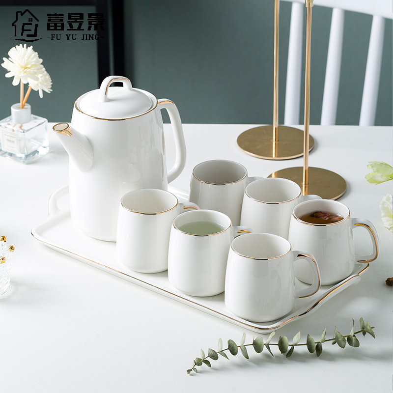 富昱景景 德镇陶瓷轻生活水壶水杯茶具一壶六杯带托盘珍珠白