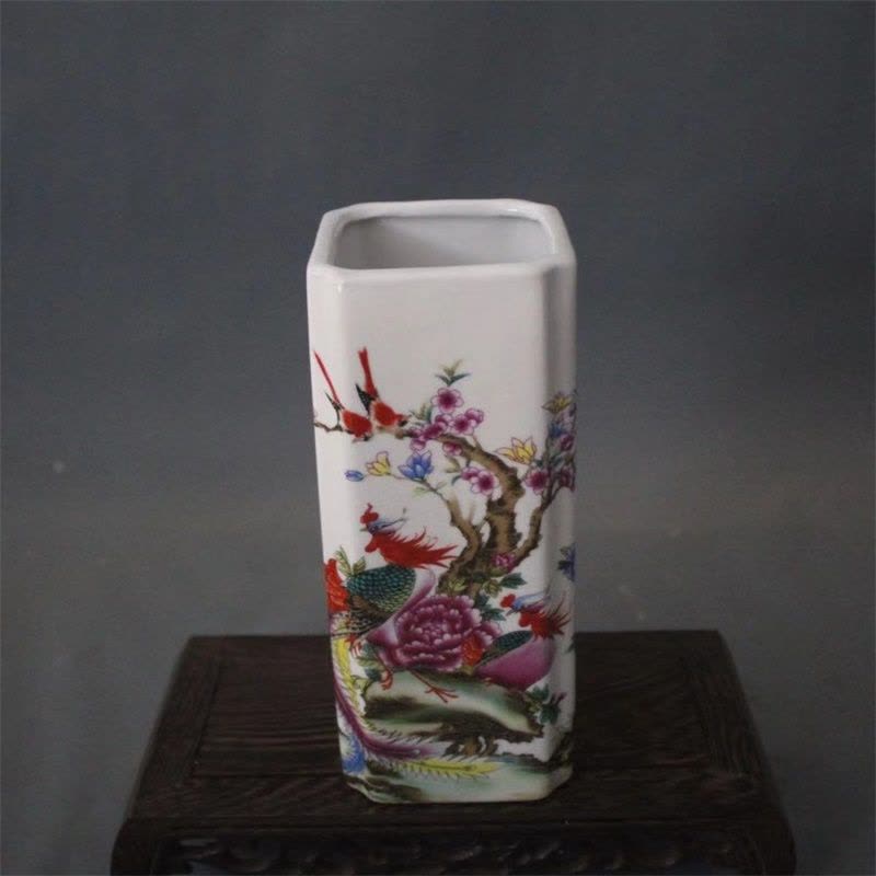 美帮汇景德镇仿古陶瓷乾隆粉彩祥凤来仪花鸟四方高笔筒家居桌面收纳摆件图片