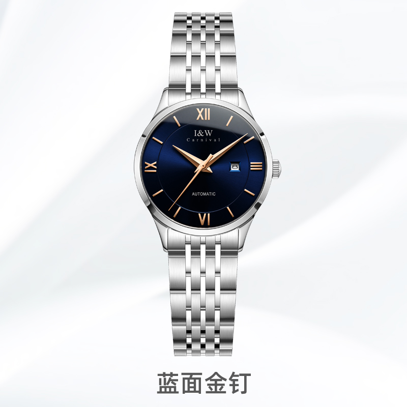 瑞士I&W CARNIVAL 手表女士全自动机械表 女表进口机芯时尚商务简约防水精钢腕表生日礼物日历款8510L 蓝面金针
