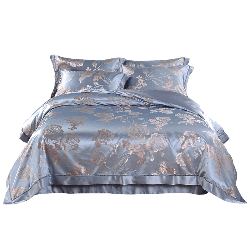 新真丝六件套色织提花重磅26姆米桑蚕丝丝绸床品套件高清大图