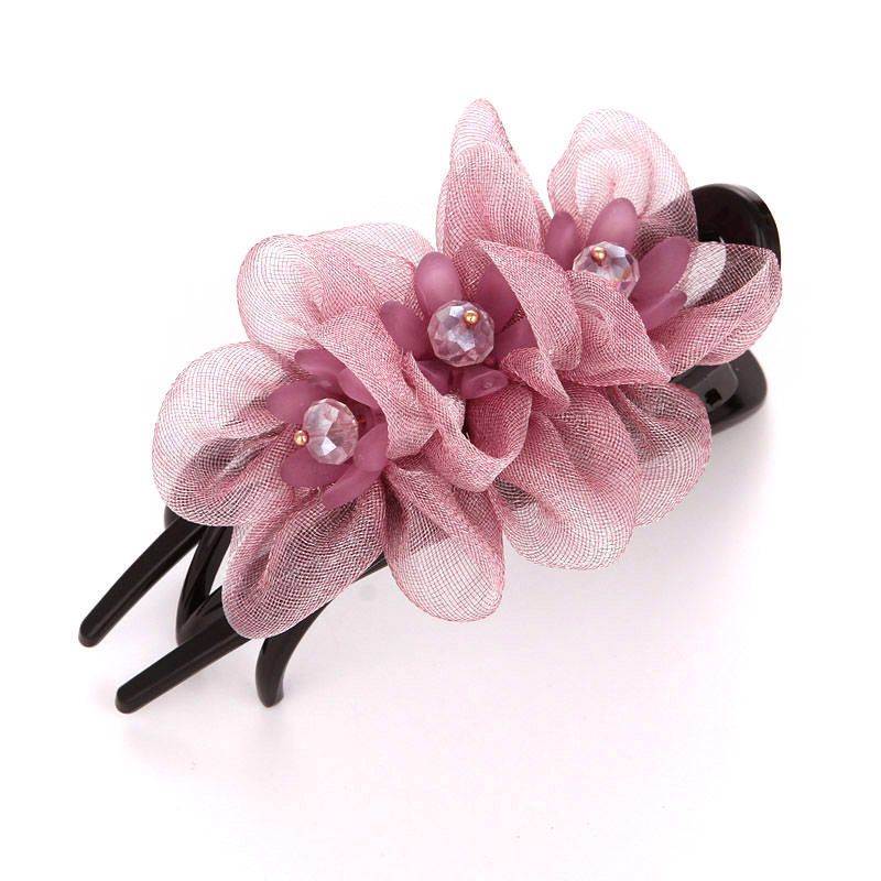 梅红色韩版鸭嘴夹娟沙花朵布艺发夹盘头发专用发夹子头饰发夹后脑勺顶