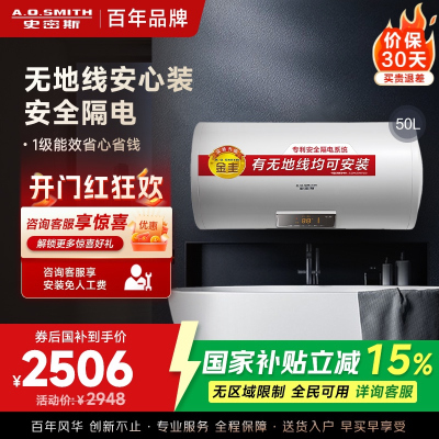 AO史密斯(A.O.Smith)50升2000W 电热水器 E50VDS 金圭内胆 无地线 家用壁挂式储水式