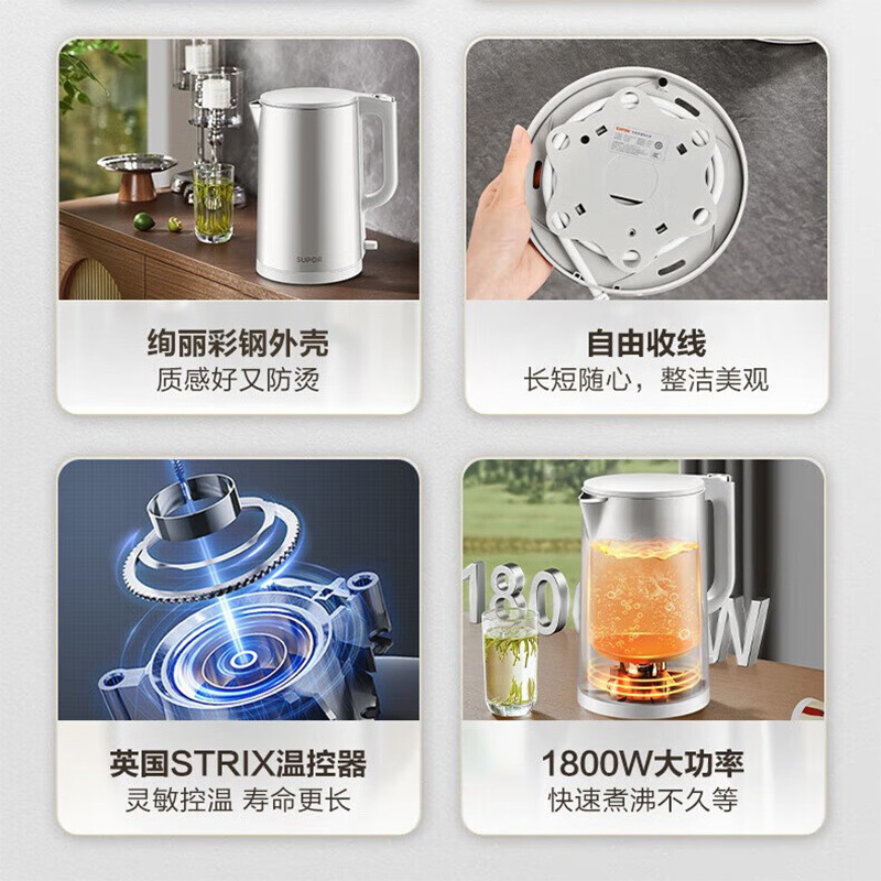 苏泊尔(SUPOR)电热水壶2.2L大容量电水壶烧水壶开水壶316不锈钢内胆煮水壶暖水壶彩钢机身双盖设计SW-22S高清大图