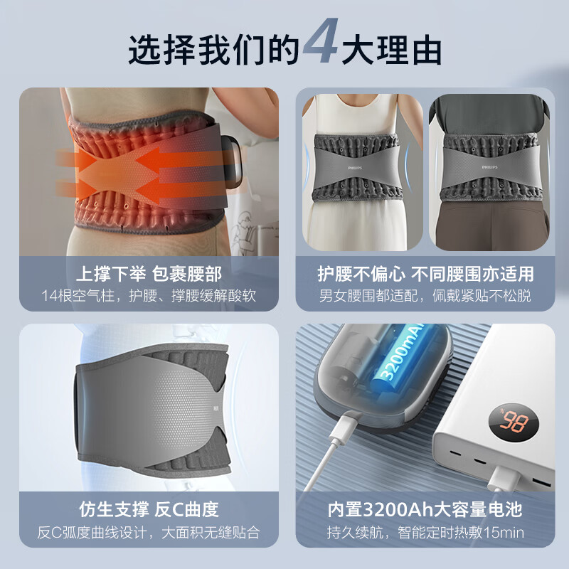 飞利浦(PHILIPS)腰部热敷毯 气柱支撑护腰热敷腰间盘突出腰肌劳损腰托支撑塑型3206B