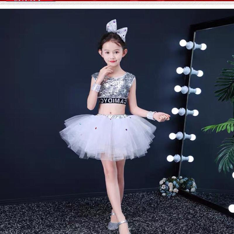 六一儿童节爵士舞演出表演服亮片女童现代舞蹈服公主裙蓬蓬纱裙 银色 100