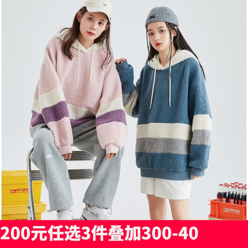[2.5折价107元]唐狮秋冬新款卫衣女仿羊羔绒连帽上衣宽松韩版加厚拼接保暖外套