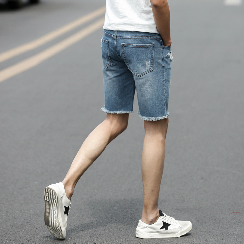 吉普战车2021年夏季新款时尚中青年男士牛仔裤男士短裤薄款破洞猫爪修身直筒休闲裤男士中裤男装潮流五分裤男裤潮款