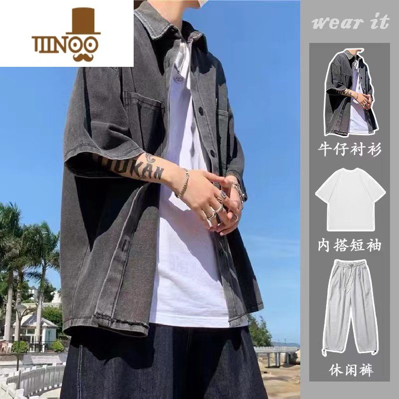 YANXU肥佬300斤薄款牛仔短袖衬衫男夏季痞帅ins加肥加大码宽松衬衣外套高清大图