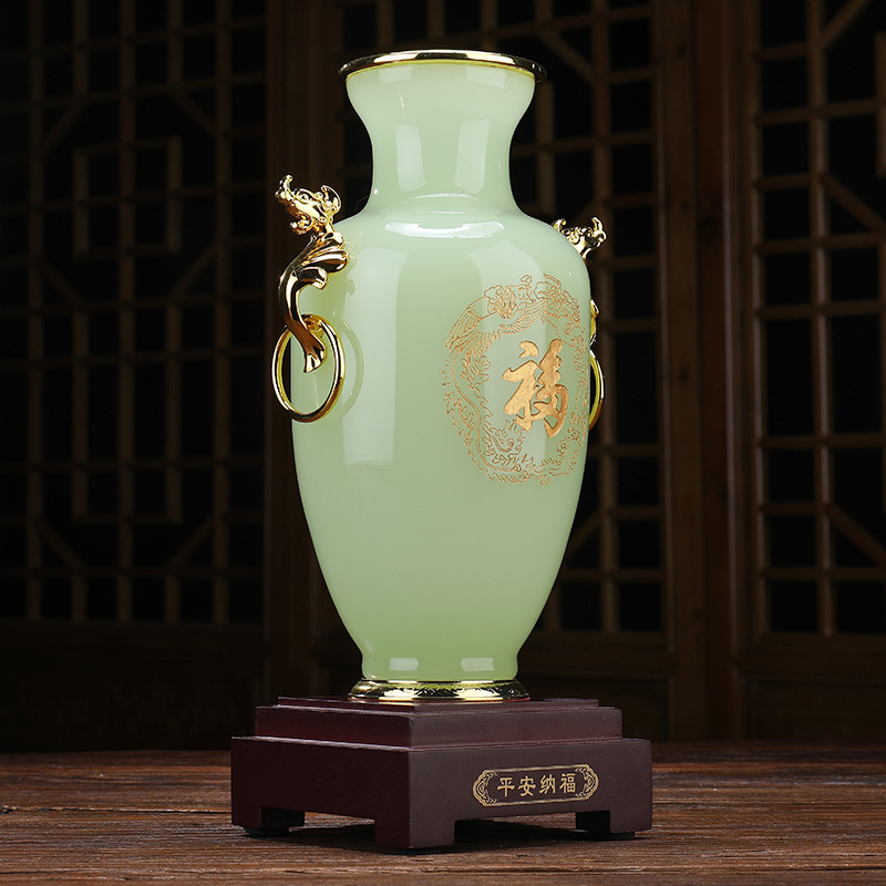 福字花瓶摆件玉石轻奢电视柜客厅玄关装饰品酒店商务礼品_328