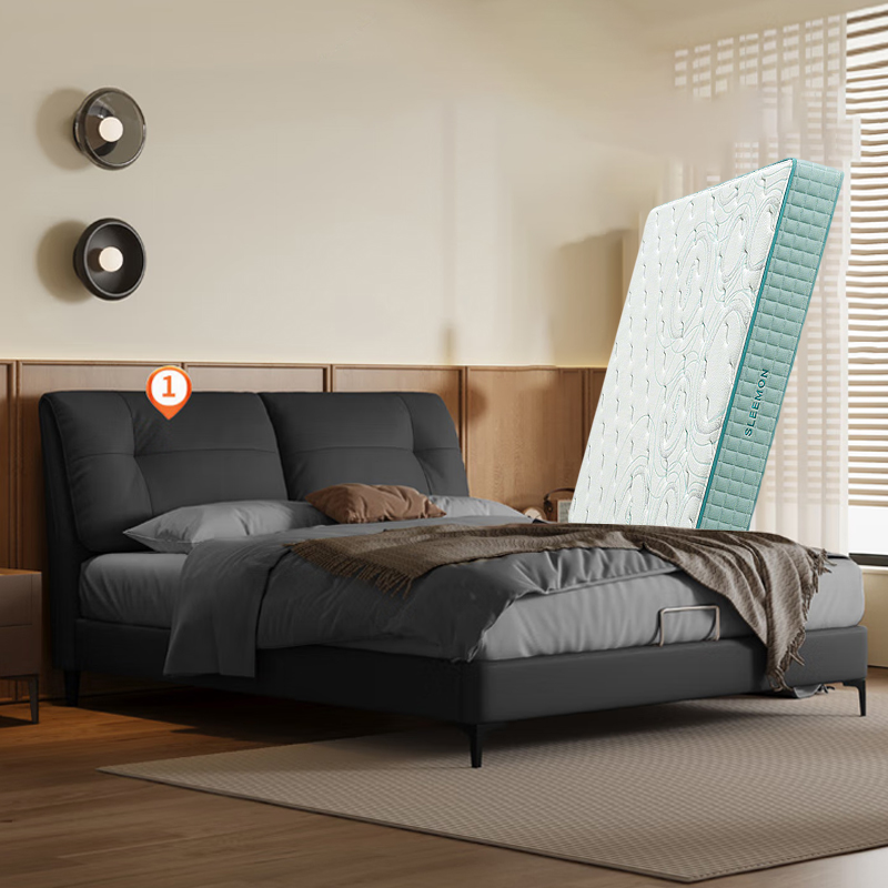 喜临门缓缓+光年plus3.0床垫 皮床主卧真皮大床婚床家具 极光黑+光年plus3.0床垫1.5*2米