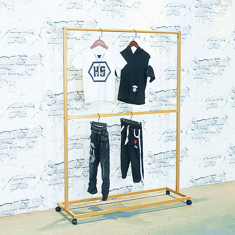 三维工匠色货架现代简约儿童挂衣架落地女服装店展示架双层陈列架晾晒架 三 双层长120高200(成人装专用)带轮 官方标配
