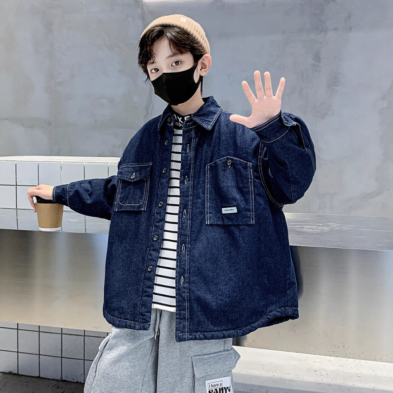 男童加厚牛仔衬衫外套秋冬装新款加棉炸街儿童装休闲男孩上衣