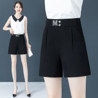 休闲西装短裤女夏季薄款2021新款宽松显瘦中裤高腰直筒阔腿五分裤 黑色 高档西装面料 S [85-95斤]