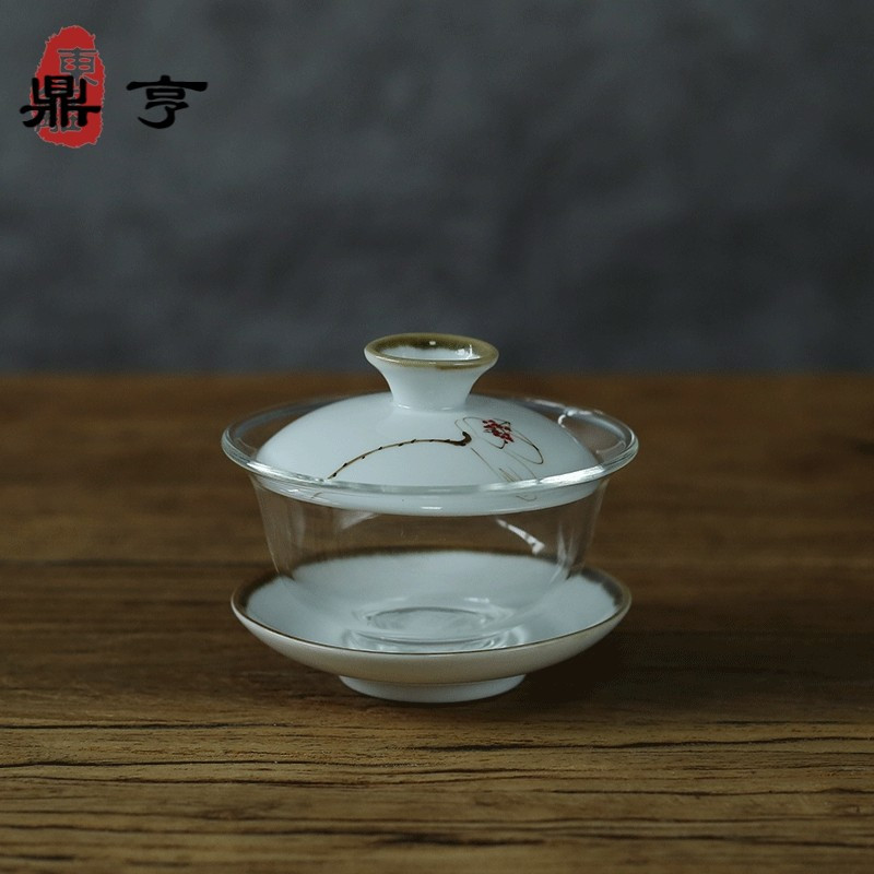 鼎亨茶具耐热玻璃陶瓷盖碗茶杯 景德镇手绘祭蓝锤纹三才杯 泡茶碗