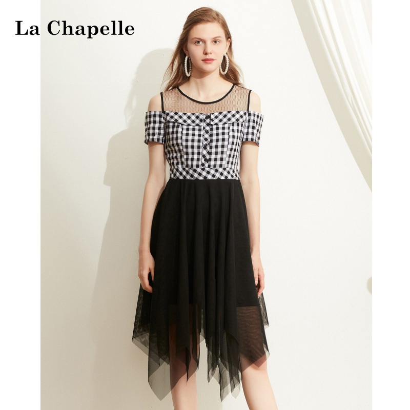 拉夏贝尔格子连衣裙设计感小众时尚网纱拼接露肩时尚显瘦裙子女参数