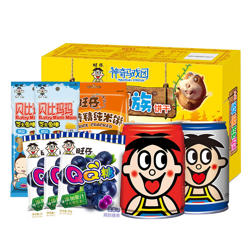 旺旺开心零食礼盒318g+490ml (旺仔QQ糖+旺仔牛奶+内赠儿童牵引包1只)