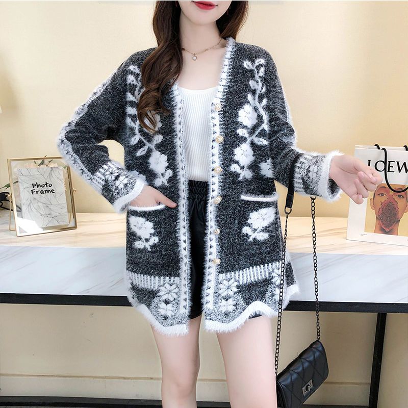 初秋上衣秋冬开衫毛衣女针织衫外套中长款修身针织毛衣仿貂绒开衫