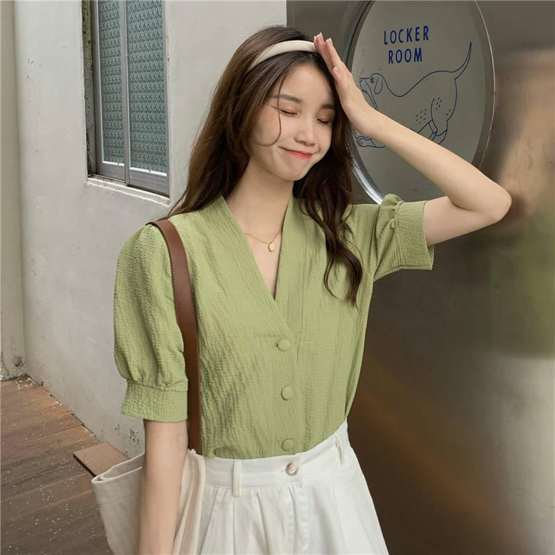 肌理感柔软泡泡袖衬衫法式复古气质V领短袖上衣