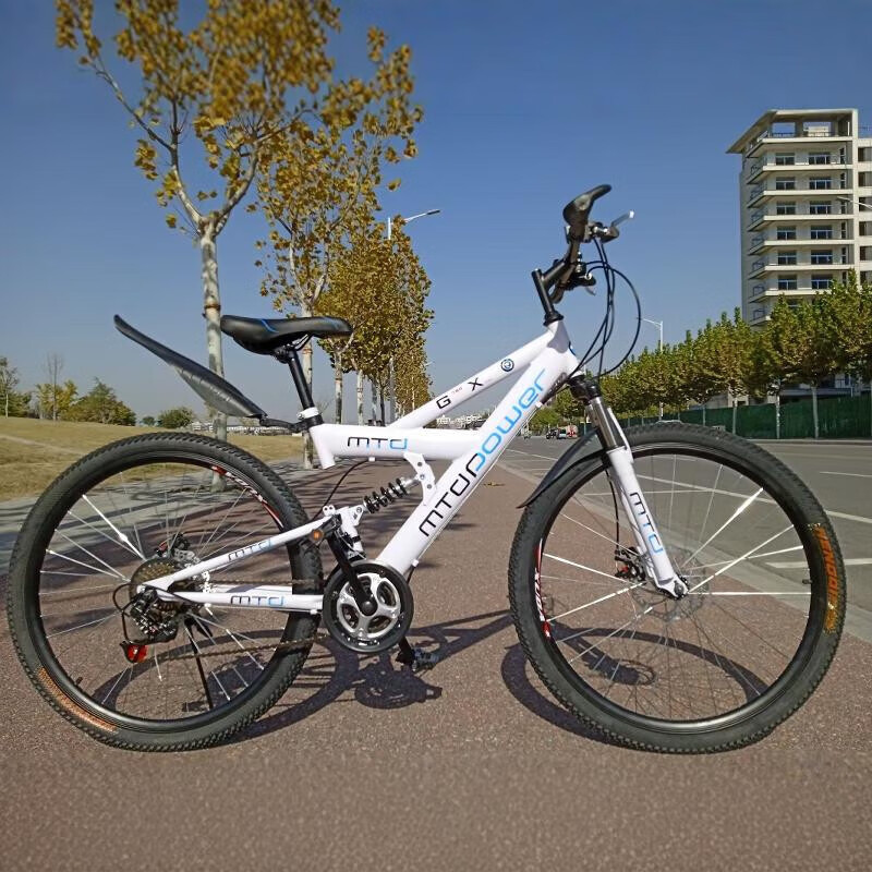 双减震山地车带后座可载人双碟刹26寸24速单车 高配双减震双碟刹/无后座/白黑 26寸24速