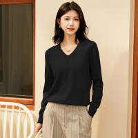 【100%绵羊毛】恒源祥羊毛衫女V领打底衫毛衣纯色时尚套头针织织 165/88A/M 黑色