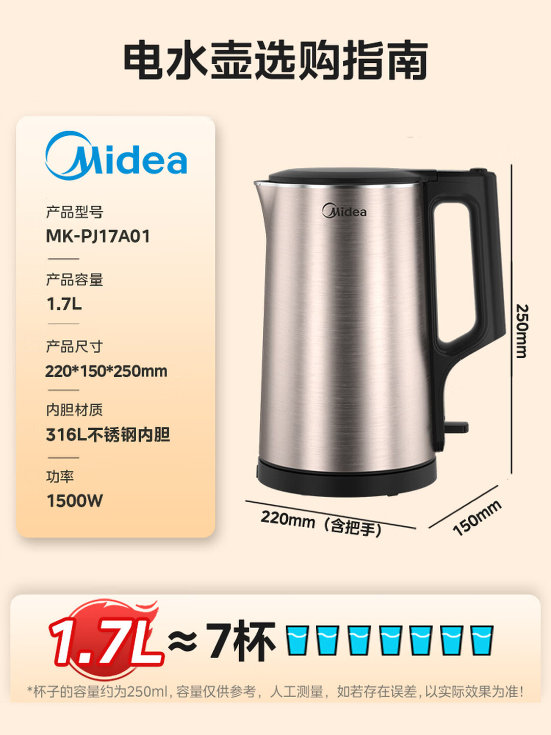 美的 电热水壶家用1.7L大容量烧水壶内外双钢防烫防干烧煮水壶316L不锈钢内胆电水壶商超同款PJ17A01