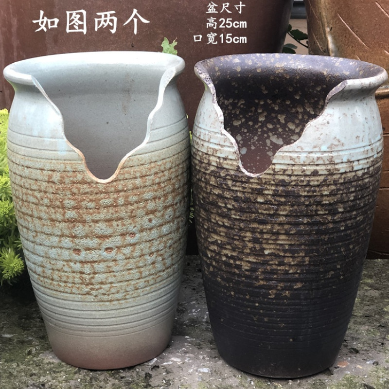 手工粗陶高多肉老桩花盆紫乐多肉植物盆紫砂陶罐缺口陶瓷玉坠视频