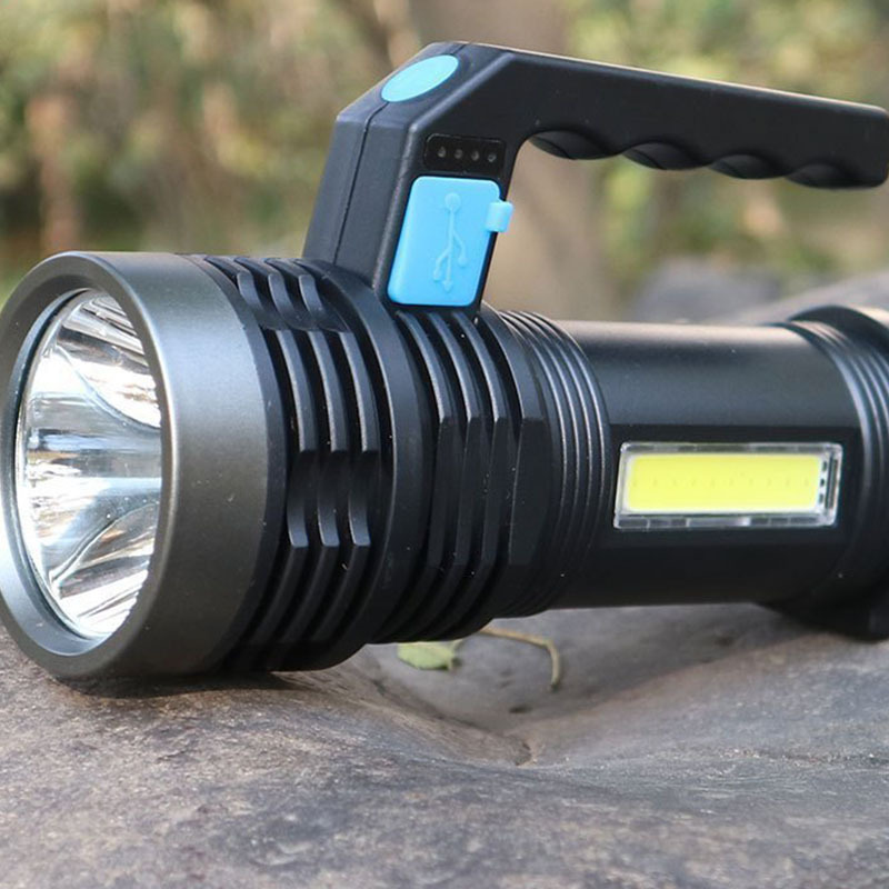 户外led强光手电筒远射充电带侧灯钓鱼灯手电筒内置锂电池