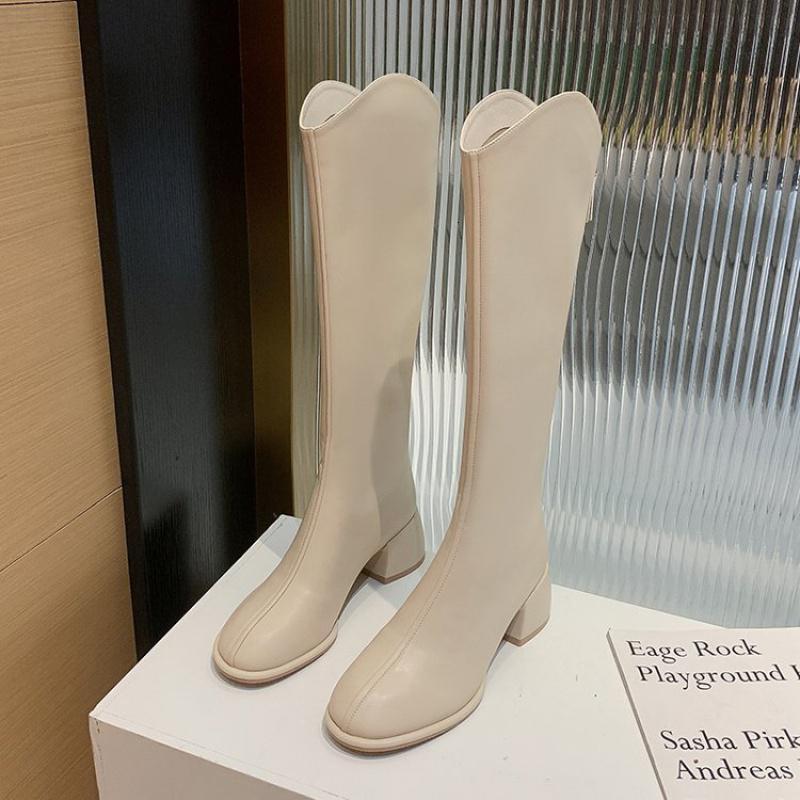 戈佳妮不过膝骑士靴女2023秋冬新款弹力靴显瘦长靴棕色粗跟小个子长筒靴 米色棉 42