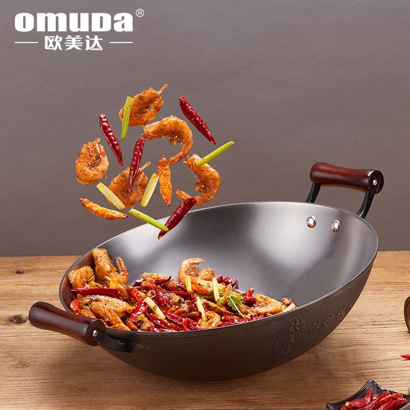 欧美达(Omuda) 无涂层生铁铸铁锅 老式双耳家用不粘大小炒锅燃气灶适用 LTC32 32cm