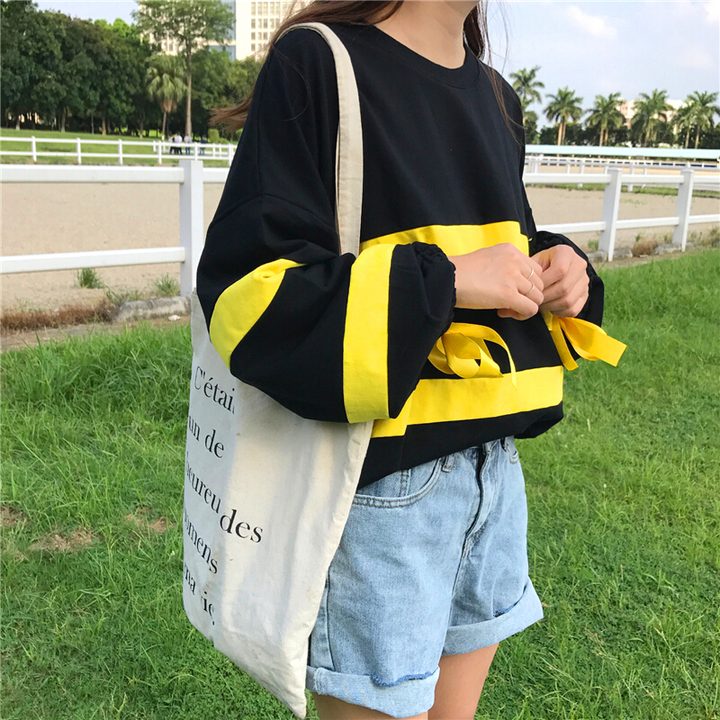 秋装女装韩版小清新宽松长袖绑带泡泡袖薄款卫衣2017学生上衣黑色均码