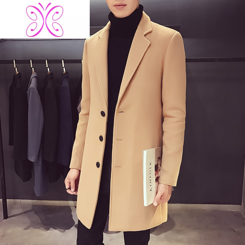 yuansu冬季韩版修身男士纯色中长款风衣学生百搭毛呢大衣英伦呢子外套