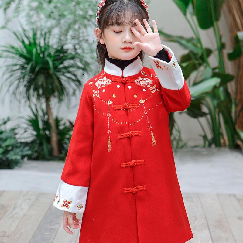 香忊冬季中国风女童汉服呢大衣裙童装女宝儿童过年唐装加厚拜年服