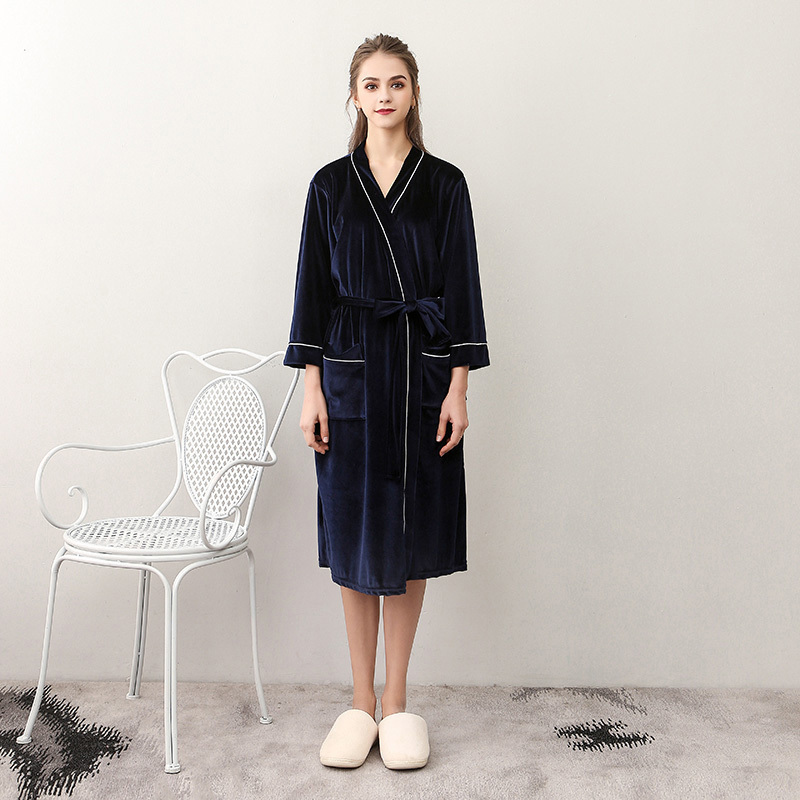 家柏饰(CORATED)秋季和服情侣睡袍 女士中长款金丝绒四季浴袍 男士日式冰丝睡衣 1801JSR藏青女 XXXL【180CM内180斤内】