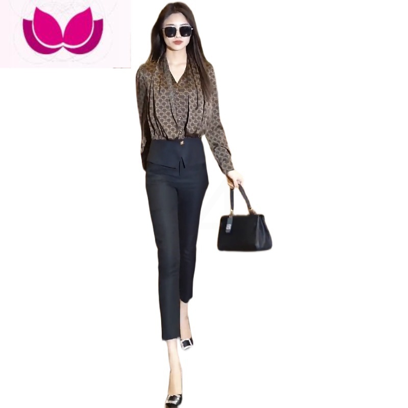 七斓网红套装女高级感新款气质名媛西装衬衫显瘦小脚裤套高清大图