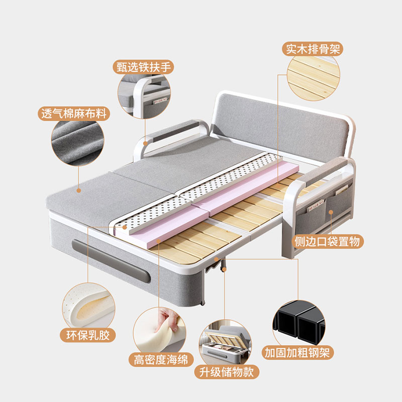 苏宁 质凡 折叠沙发床两用布艺实木单人伸缩床 0.82米[5cm海绵+2cm乳胶]高清大图