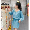 [2.5折价136元]唐狮夏季女V领净色长袖上衣短裤简约百搭韩系潮流减龄