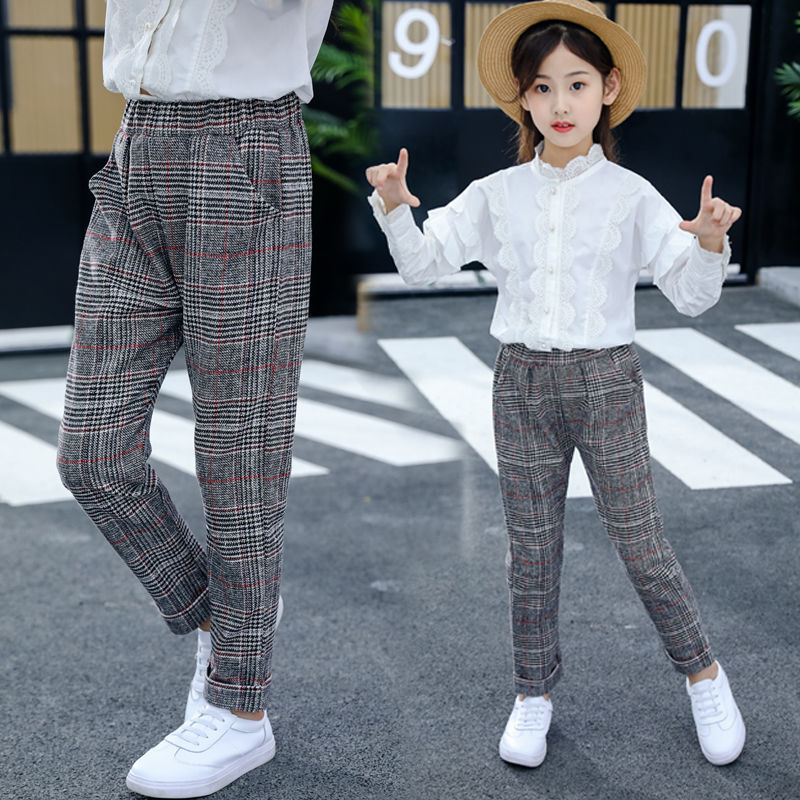 女童春秋休闲裤女孩秋冬加绒长裤新款中大童韩版格子裤儿童小脚裤 格子裤秋 春秋单款 110 适合身高105左右