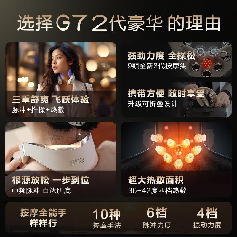 SKG颈椎按摩器颈部肩颈脖子物理捶打热敷脉冲智能护颈折叠按摩仪礼物高档实用送男女礼品[高端按摩器TOP]G7二代豪华高清大图
