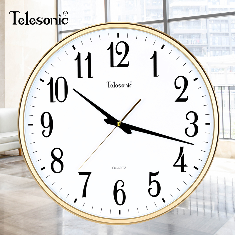 天王星(Telesonic)客厅挂钟现代简约创意静音卧室石英钟 圆形会议室时尚大气壁挂钟 17英寸