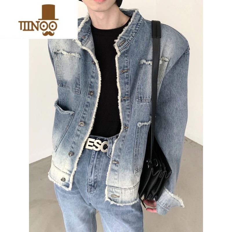 YANXU做旧毛边牛仔外套男设计感小众宽松休闲夹克美式炸街休闲渐变上N高清大图