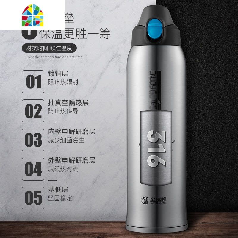 保温杯大容量1000ml男女士便携316不锈钢大号运动水壶杯子 FENGHOU 石榴红800ML图片