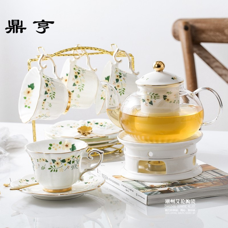 鼎亨北欧田园骨瓷花茶壶下午茶具套装陶瓷玻璃温茶炉红茶花茶具