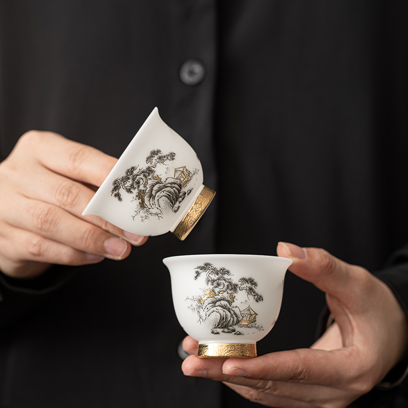 苏氏陶瓷(SUSHI CERAMICS)素烧羊脂玉瓷翠山迎客一碗两杯国家一级技师王文克老师作品