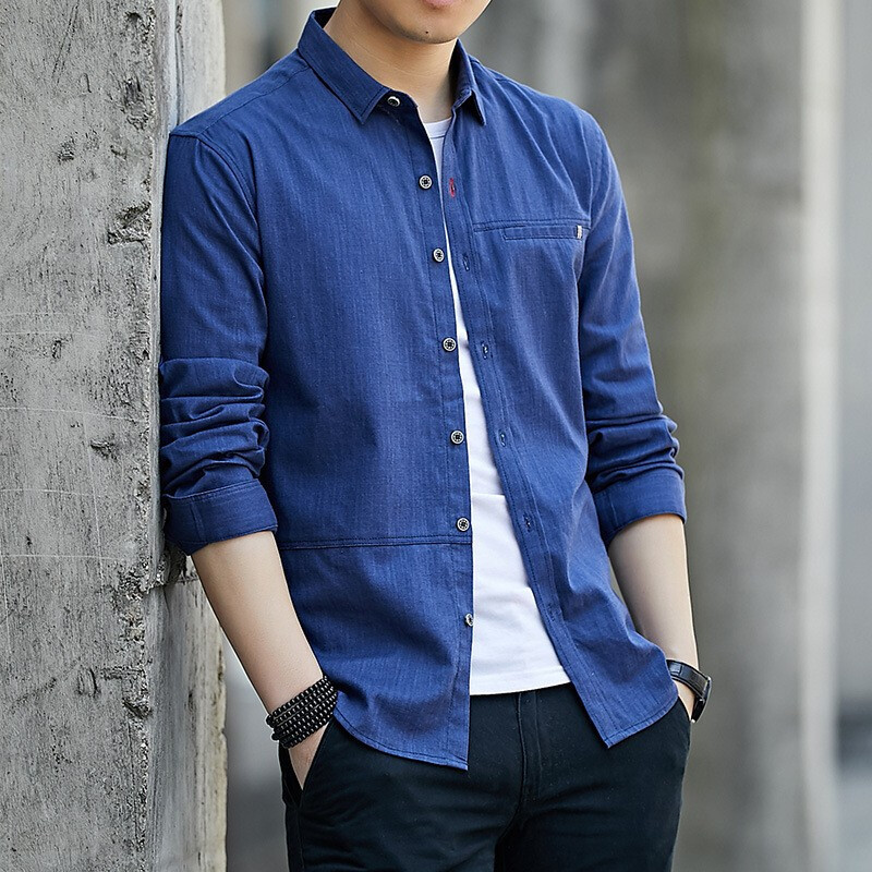 梵克公牛长袖衬衫男式新款长袖衬衣青春流行修身男士棉衬衣流休闲衬衣