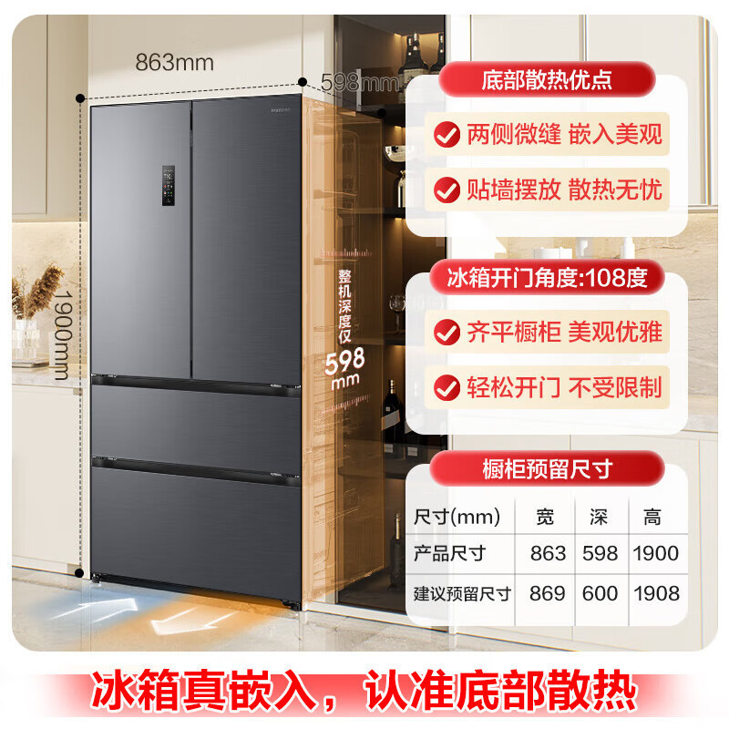 容声方糖515主动双净双系统法式多门四开门超薄零嵌入式电冰箱一级能效BCD-515P60FZMAD灰高清大图
