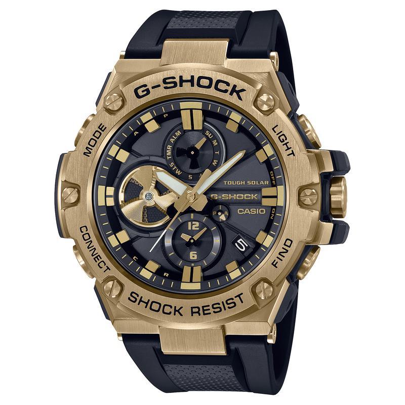 CASIO 男士黑金色充电奢华腕表GSTEEL系列时尚运动手表
