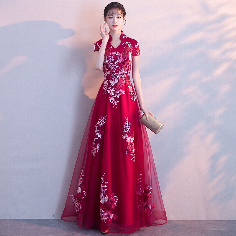 敬酒服新娘夏季2018结婚新款红色端庄大气显瘦长款旗袍晚礼服裙女酒红色小v领喇叭袖长款量身定制不退换