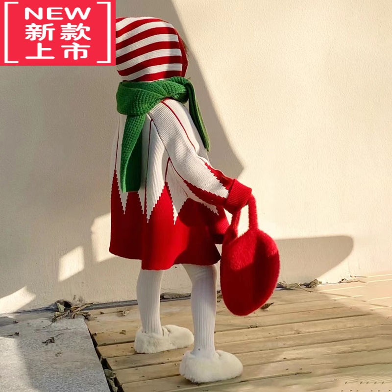 可莉允xixibaby女童时髦长袖圣诞毛衣2022秋冬装新款女宝宝撞色针织外套