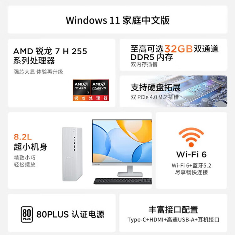 联想(Lenovo)小新台式电脑主机 (R7-255 32G内存 1TB SSD Win11 正版office)个人商务办公学习娱乐高清大图