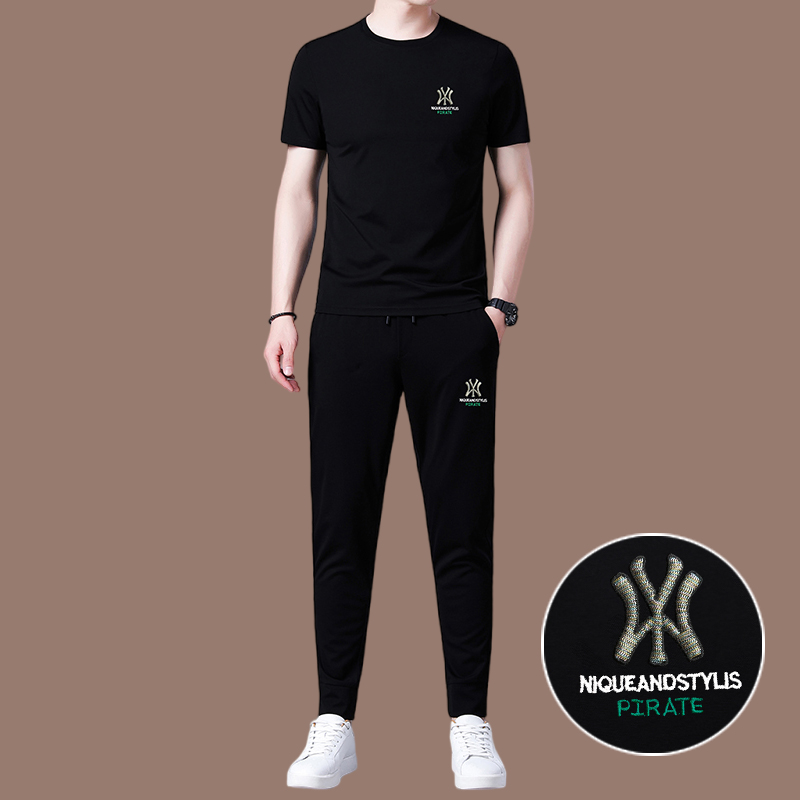 恒源祥高档桑蚕丝男士休闲运动套装男夏季短袖圆领搭配冰丝夏装潮 200款黑色 175/XL适合体重135-155斤